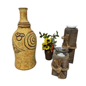 Vintage R.D. Guillen Handmade Studio Pottery Mustard Color Etched Design Medium